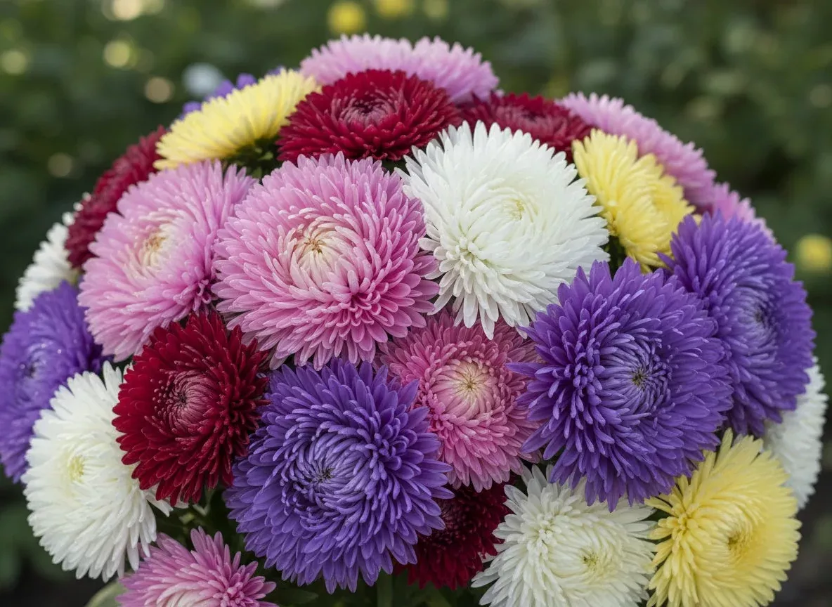 30 MIXED PAEONY ASTER Callistephus Peony Red Pink White Blue Purple Yellow Coral Apricot French Flower Seeds