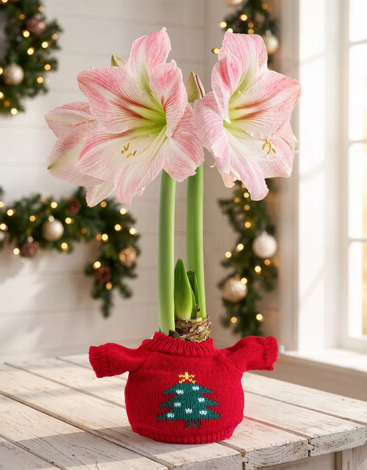 Christmas Tree Sweater Amaryllis with Pink Flower